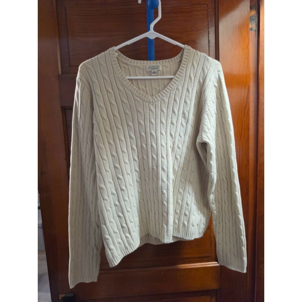 Vintage St. John’s Bay Classic Cable Sweater Women’s XL Cream Cable Knit V-Neck